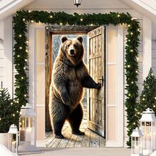 1 pieza, Pancarta colgante de Navidad, de poliéster, con diseño de oso de madera marrón para la puerta, durable con 4 agujeros para colgar fácilmente, adecuado para fiesta de Año Nuevo, decoración de pared y puerta de entrada del hogar, 177.8x88.9 cm, tema festivo de vacaciones para entrada, habitación, uso multipropósito