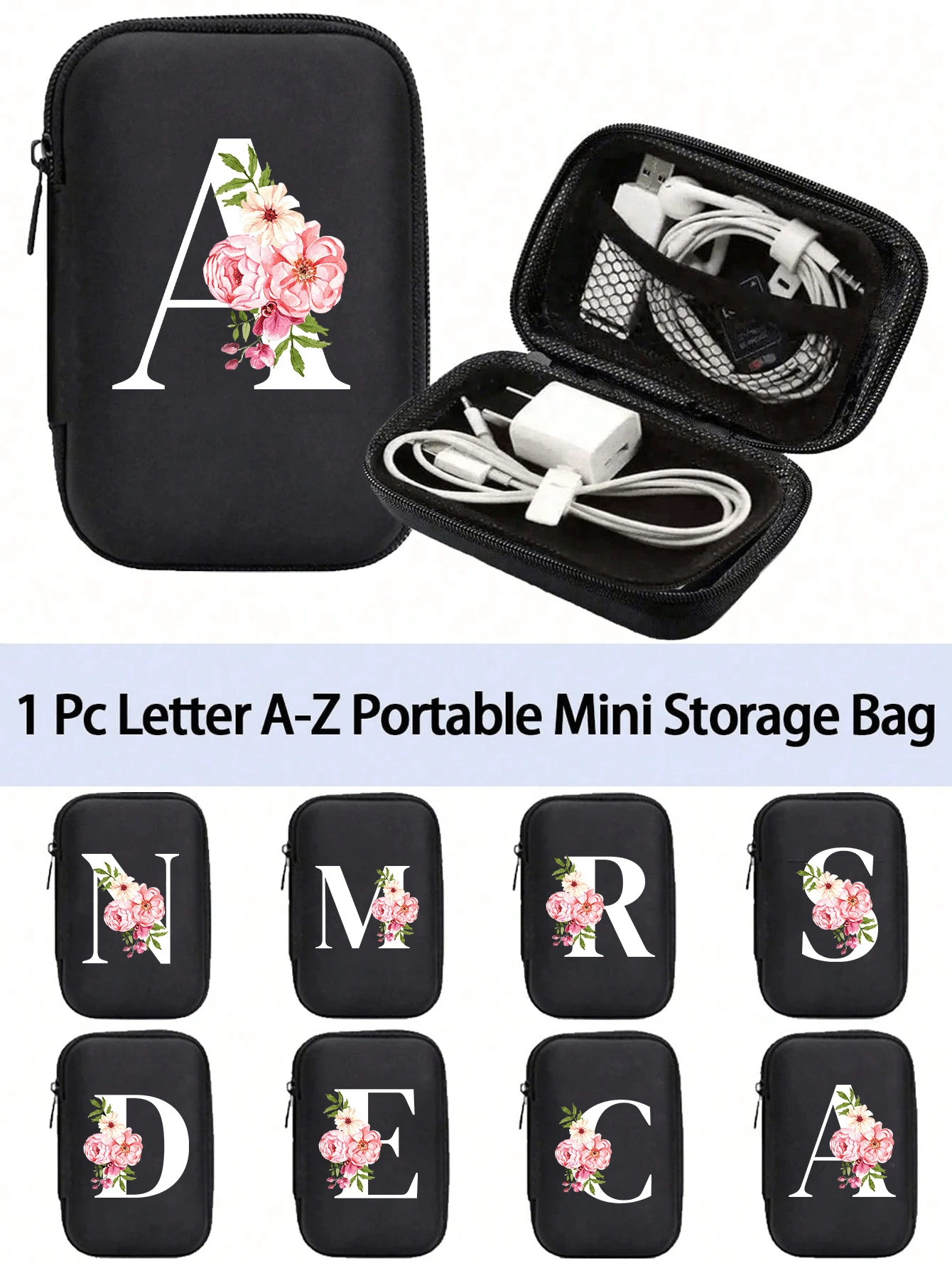 Tragbare Mini-Aufbewahrungstasche mit weißen Initialen A-Z, wasserdicht und stoßfest, Digitaltasche mit Zierapfelblütenmuster, Tasche mit Logoaufdruck für Handy-Ladekabel und Datenkabel, Reißverschlusstasche für Geldbörse, Datenkabel, Digitaltasche, Elektroniktasche, Aufbewahrungsvorrichtung für elektronische Geräte, Datenkabel, kabellose Ohrhörer, Bluetooth-Ohrhörer, für Geschäft, Tourismus, Schule, Universität, Büro