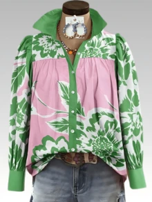 Women's Long Sleeve Button Down Blouse With Bold Floral Print, Color Block Pink And Green Casual Shirt, Fashion Loose Fit Top For Christmas, Halloween, Parties, Travel, And Everyday Wear, Chic Holiday Spring Autumn Ladies Clothing - 綠色 - 查看 2