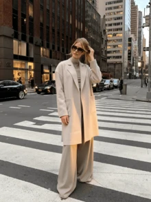 Beige Mid Length Coat, Elegant Office Travel Daily Outerwear For Women - Apricot - View 1