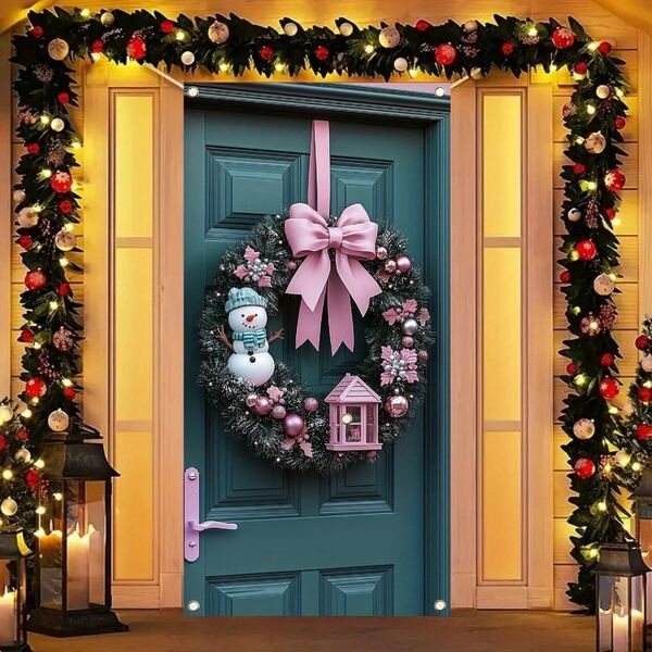 1pc, Festive Snowman Wreath With Pink Bow, 35.4x70.8-Inch Polyester Christmas Door Hanging, Indoor & Outdoor Holiday Decor, Contemporary Style, No Feather, No Power Needed