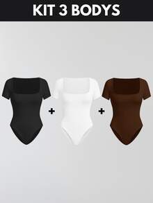 KIT 3 Women's Plus Size Blouse Women's Plus Size Bodysuit Women's Gym Blouse Women's High Compression Shaping Bodysuit Bory - 漫畫-黑色+棕色+白色 - 查看 1