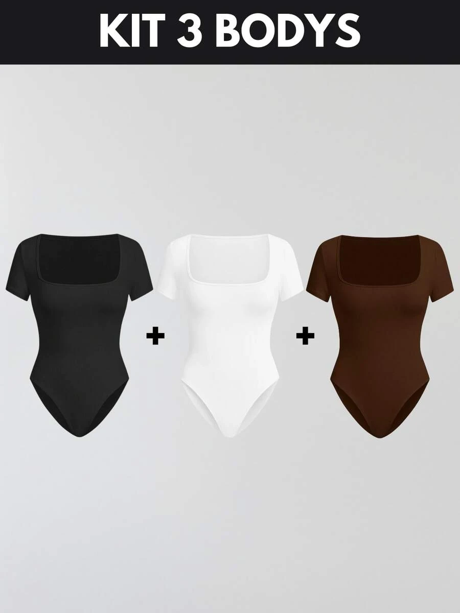 KIT 3 Women's Plus Size Blouse Women's Plus Size Bodysuit Women's Gym Blouse Women's High Compression Shaping Bodysuit Bory - 漫畫-黑色+棕色+白色 - 查看 1