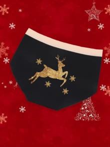 Bragas elásticas negras cómodas para mujer, con cintura en contraste con estampado de renos navideños, ropa interior transpirable y cómoda - Negro - Ver 2