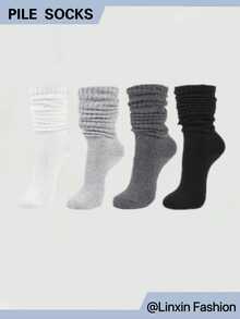 4 Pairs Women Socks Thick, Warm & Soft Crew Socks In Black, White, Gray & Dark Gray For Fall/Winter Long Socks Scrunch Socks