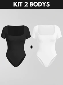 KIT 3 Women's Plus Size Blouse Women's Plus Size Bodysuit Women's Gym Blouse Women's High Compression Shaping Bodysuit Bory - 漫畫-黑+白 - 查看 1