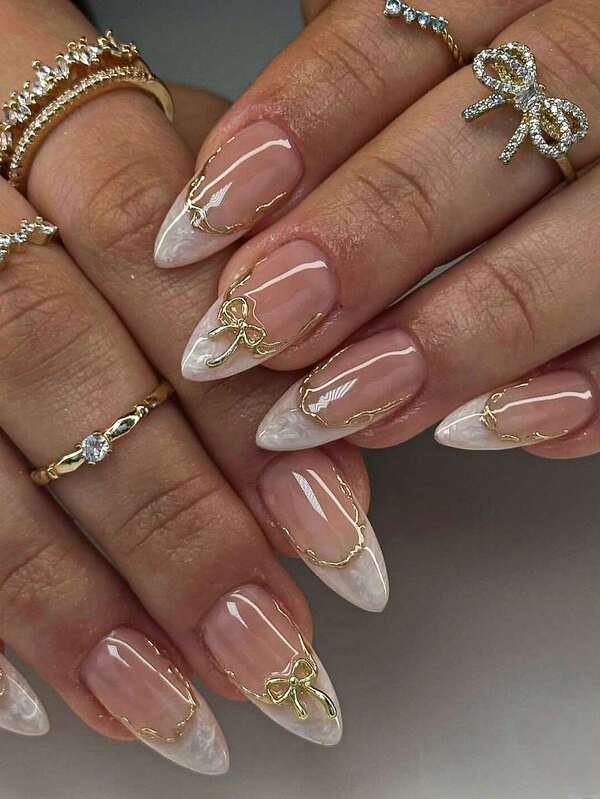 10 Stücke mandelförmige handgemachte Reben mit Goldrand, silber/weiße Spirale, süße Luxus-Schleifen, frischer Frühlingsstil Nagel Aufkleber, Aufklebe-Nägel mit Gelee-Kleber und Nagelfeile