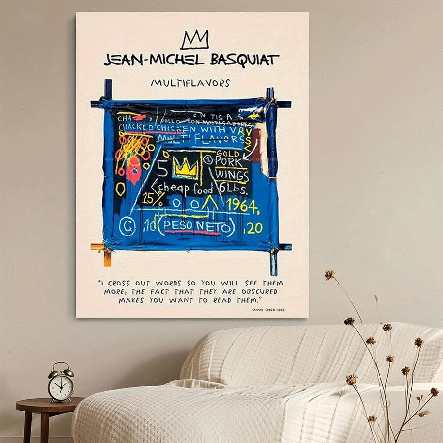 Framed 2D Canvas Modern Wall Art 1pc Jean-Michel Basquiat Inspired Canvas Art Poster - Museum-Quality Replica Vintage Modern Abstract Painting With Crown & Multiflavors Text Design - Blue, Yellow, Black, White, Red Bold Statement Piece For Living Room, Bedroom, Office Decor - Easy Hanging Installation, Mid-20th Century Graphic Elements, Indoor/Outdoor Use - Contemporary, Casual, Traditional Style Wall Art, Bedroom Artwork, Home Decoration, Contemporary Design, Highquality Print, Interior Designers,  Flat, - Framed - View 1