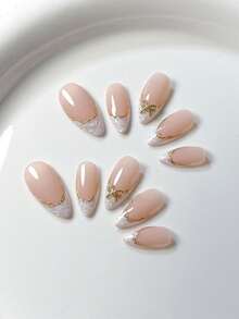 10 Stücke mandelförmige handgemachte Reben mit Goldrand, silber/weiße Spirale, süße Luxus-Schleifen, frischer Frühlingsstil Nagel Aufkleber, Aufklebe-Nägel mit Gelee-Kleber und Nagelfeile