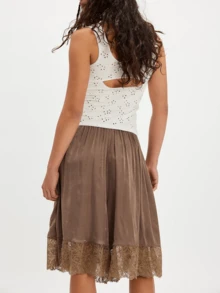 Womens Free Lace Trim Patchwork Wide Leg Half Slip People Fp  Knee Length Ruffle Hem Flowy Shorts With Pockets Y2k Going Out Swing Drawstring Bloomer Skort Cute Low Rise Satin Capri Mid Pants - Brown - View 2