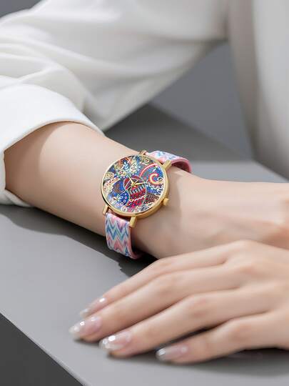 1 st färgglad urtavla med geometriskt mönster, guldfärgad ramutsmyckning visar personlig design, lämplig för tonåringar, unik och modern, lämplig som present