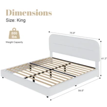 Queen Bed Frame With Headboard, Boucle Upholstered Soft Platform Bed Frame With Thickened Footboard,  Rounded Corners Design, Twin/ Full/ Queen/ King, Grey/ White/ Beige/ White/ Black - 白色 - 查看 10
