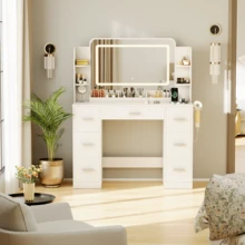 Furniwell Vanity Desk With Lights, Large LED Mirror With 3 Color Modes, Makeup Vanity With Power Outlet & USB Ports, 7 Drawers - 查看 7