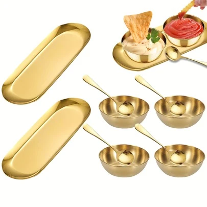 5/10個 ステンレス鋼 エレガントゴールド ソースボウル スプーン付き トレイセット、3.4オンス ソース皿、洗練されたステンレス鋼 コンディメントプレート、寿司ディップボウル サービングトレイ、バターディッシュ、デザートスプーン、ソースレードル、スナックプレート、キッチン/ダイニングルーム/母の日/パーティー/結婚式/新築祝い/クリスマス/ハロウィン/感謝祭/イースターに最適、友人/親族/家族への素晴らしいギフト