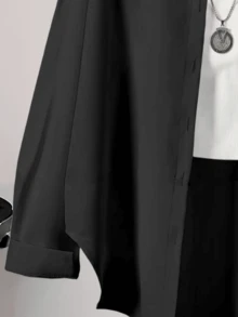 Women's Casual Long Sleeve Shirt, Loose Solid Color Button Down Pocket Blouse, Elegant French Style For Daily, Work, Vacation, Spring/Autumn/Winter - Black - View 3