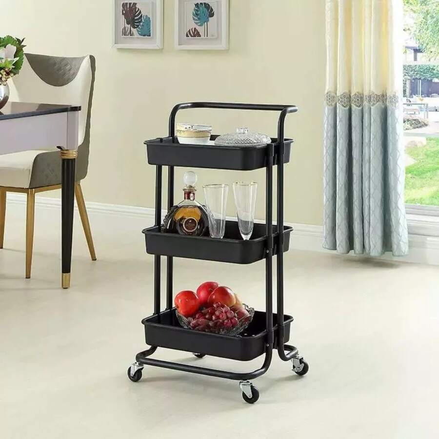 Black Multipurpose Organizer Cart With Wheels For Manicure, Bathroom, Laundry, Books, Fruit Bowl - 黑色 - 查看 1