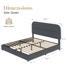 Queen Bed Frame With Headboard, Boucle Upholstered Soft Platform Bed Frame With Thickened Footboard,  Rounded Corners Design, Twin/ Full/ Queen/ King, Grey/ White/ Beige/ White/ Black - 灰色 - 查看 9