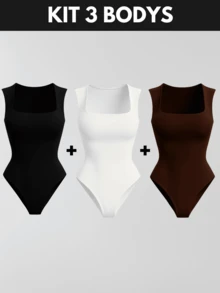 KIT 3 Women's Plus Size Blouse Women's Plus Size Bodysuit Women's Gym Blouse Women's High Compression Shaping Bodysuit Bory - 背心 - 黑色+棕色+白色 - 查看 1