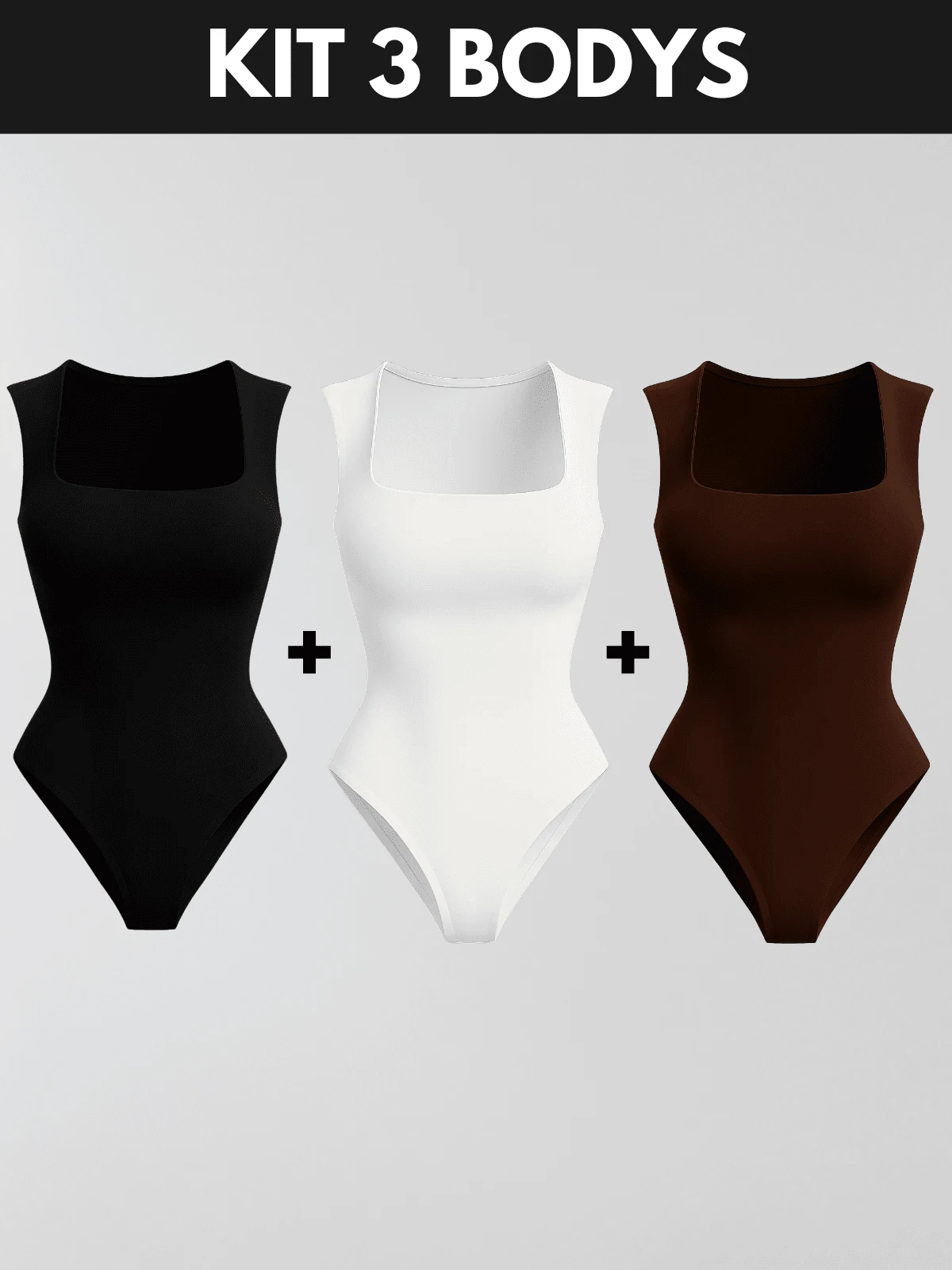 KIT 3 Women's Plus Size Blouse Women's Plus Size Bodysuit Women's Gym Blouse Women's High Compression Shaping Bodysuit Bory - 背心 - 黑色+棕色+白色 - 查看 1