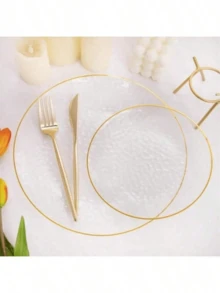 50/25/20/10 Stück goldfarbene geprägte transparente Rand Teller, Salateller, 26cm und 19cm Durchmesser, geeignet für Halloween, Weihnachtsgeschenke, Familienfeiern, Feste, Outdoor-Aktivitäten, Hochzeiten, Restaurants, Küchen