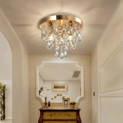 3-Light Semi-Flush Mount Ceiling Light, Grid Crystal Pendant Light, G14*3 Lamp Holder (Bulbs Not Included), Round Crystal Pendant Light, 11.81 Inch Diameter, Suitable For Hallway, Dressing Room, Entrance, Kitchen And Corridor (Gold/Chrome)