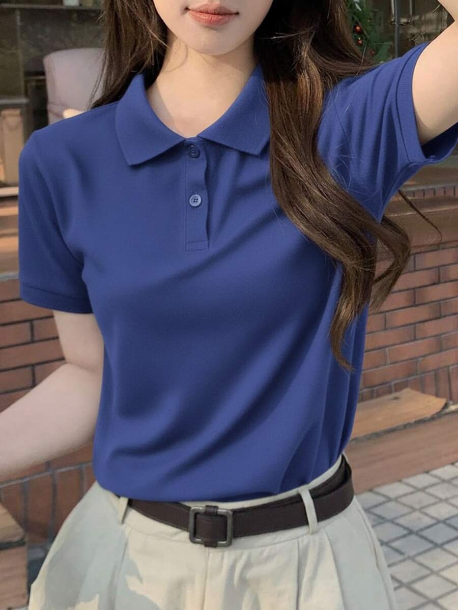 Polo Neck Blouse With Short Sleeves And Functional Buttons Comfortable Women's Fashion - Màu xanh lam - Xem 1