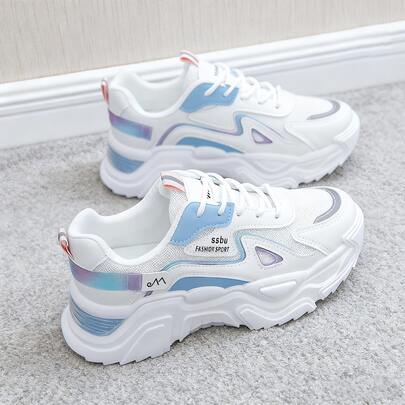 أحذية رياضية بتصميم شبكي بألوان متباينة للنساء، أحذية كاجوال متعددة الاستخدامات لطالبات المدارس الإعدادية، أحذية كانفاس للنساء، أحذية جري خفيفة الوزن