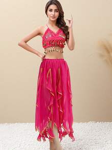 Bộ đồ múa bụng hai mảnh dành cho nữ: Áo croptop hở lưng đính sequin và chân váy chiffon bất đối xứng họa tiết lá sen. - Nhiều màu - Xem 8