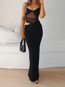 Women's Summer Black Mesh Sheer Patchwork Hollow Waist Spaghetti Strap Dress, Date, Party, Gathering - Black - View 8