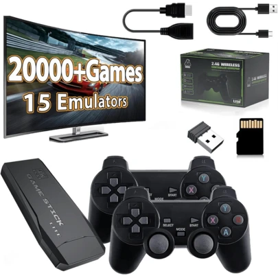 Bastão de Videojogos Retrô Sem Fio 4K HD Console All-in-One com Mais de 20.000 Jogos Clássicos Integrados Presente Ideal para Toda a Família Plug & Play para TV HD Computador