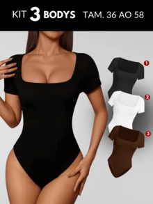 KIT 3 Women's Plus Size Blouse Women's Plus Size Bodysuit Women's Gym Blouse Women's High Compression Shaping Bodysuit Bory - 漫畫-黑+白 - 查看 6