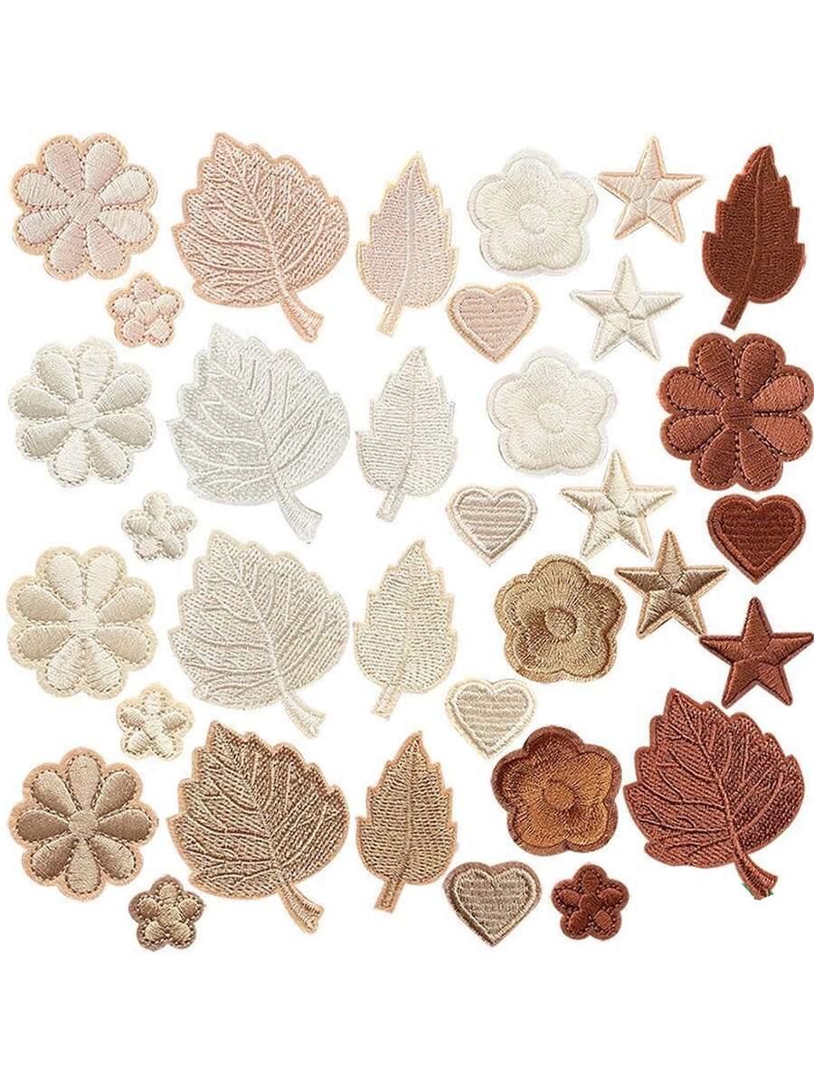 7pcs/4pcs Set Ivory, Coffee, Khaki, Beige Patch Stickers, Self-Adhesive Embroidered Appliques Decoration For Clothes, Down Jackets, Pants - Flowers, Leaves, Pentagram, Hearts, Clovers, No-Sew Invisible Mending Patches - Multicolor - View 1