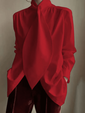Women's Elegant Minimalist Fashion Solid Color Long Sleeve Shirt With Tie Collar, Suitable For Spring, Autumn, Winter, Daily Commute