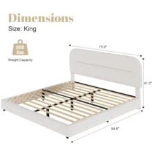 Queen Bed Frame With Headboard, Boucle Upholstered Soft Platform Bed Frame With Thickened Footboard,  Rounded Corners Design, Twin/ Full/ Queen/ King, Grey/ White/ Beige/ White/ Black - Màu be - Xem 10