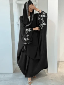 1 Set New Delicate Embroidered Muslim Abaya, Fashionable, Comfortable And Versatile For Any Occasion (Cardigan + Long Scarf) - 彩色 - 查看 6