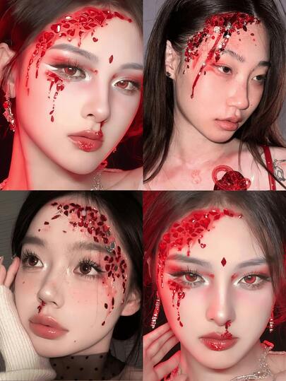 1 Box Halloween 3D Red Face Jewelry Makeup Gems With Storage Box, Vampire Costume Prop, Self-Adhesive Gems For Face, Eyes, Body, Hair, Party Music Festival Use, Colorful Shell Teardrop Design, Bachelorette Party, Wedding Supplies, Nail Art, Latin Dance Wedding Decor, Music Events, EDM Photo Props, Perfect Halloween Costume