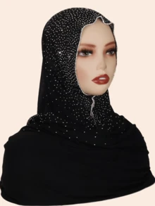 1pc Women's Striped Knit Elastic Fabric Diamond Chain Crafted Viscose Maxi Scarf, Malaysian Hijab Fashion Headscarf