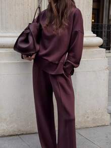 Women's New Solid Color Fashion Sports Casual Two-Piece Suit, Long-Sleeved High-Neck Side Slit Zipper Sweatshirt And Versatile Casual Straight Pants, Machine Washable, Suitable For Autumn And Winter - Màu Đỏ Sâu - Xem 1