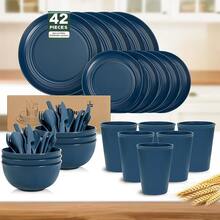 Juego de platos y cuencos de cocina, 42 piezas, juego de vajilla de paja de trigo de plástico, plato de cena/plato de postre, tazón de cereales, taza/cubiertos, apto para lavaplatos y - Marino - Ver 1