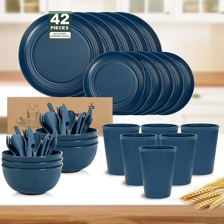 Juego de platos y cuencos de cocina, 42 piezas, juego de vajilla de paja de trigo de plástico, plato de cena/plato de postre, tazón de cereales, taza/cubiertos, apto para lavaplatos y - Marino - Ver 1