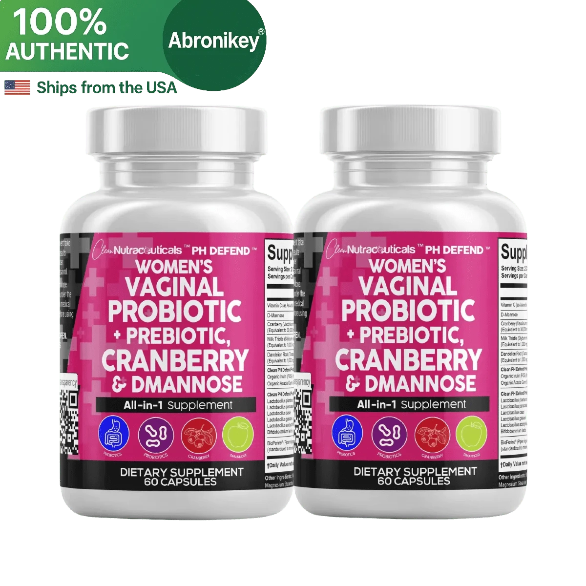 Abronikey (2 Bottles) PH Defend | Probiotics For Women With Prebiotics, Cranberry & D-Mannose | Supports Vaginal & Urinary Tract Health | Made In USA | Capsule Supplement - 2 Bottles - 查看 1