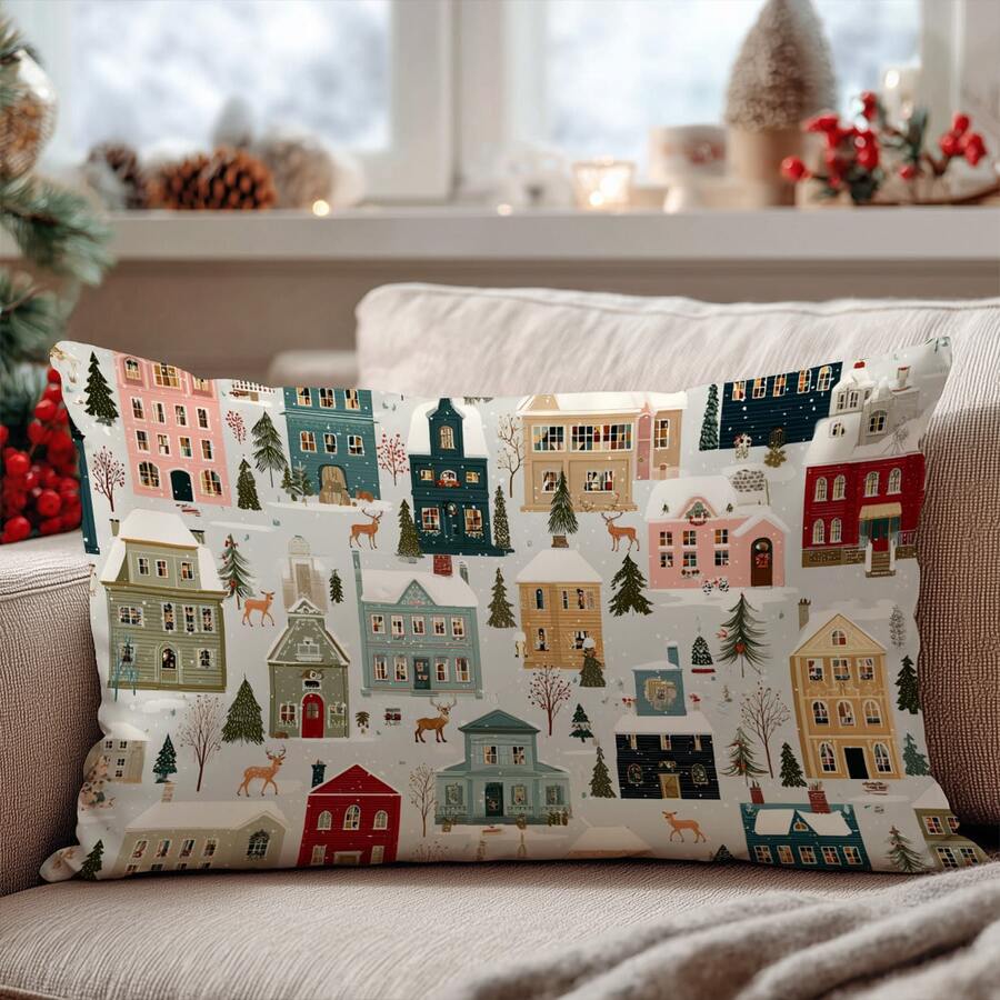 1pc Christmas Town Snowy Landscape Cushion Cover, Single-Sided Printed Soft Peach Velvet Material, 30*50cm/40*60cm Pillow Case Suitable For Indoor Decor, Party Decor, Decorative Pillow Cover Gift