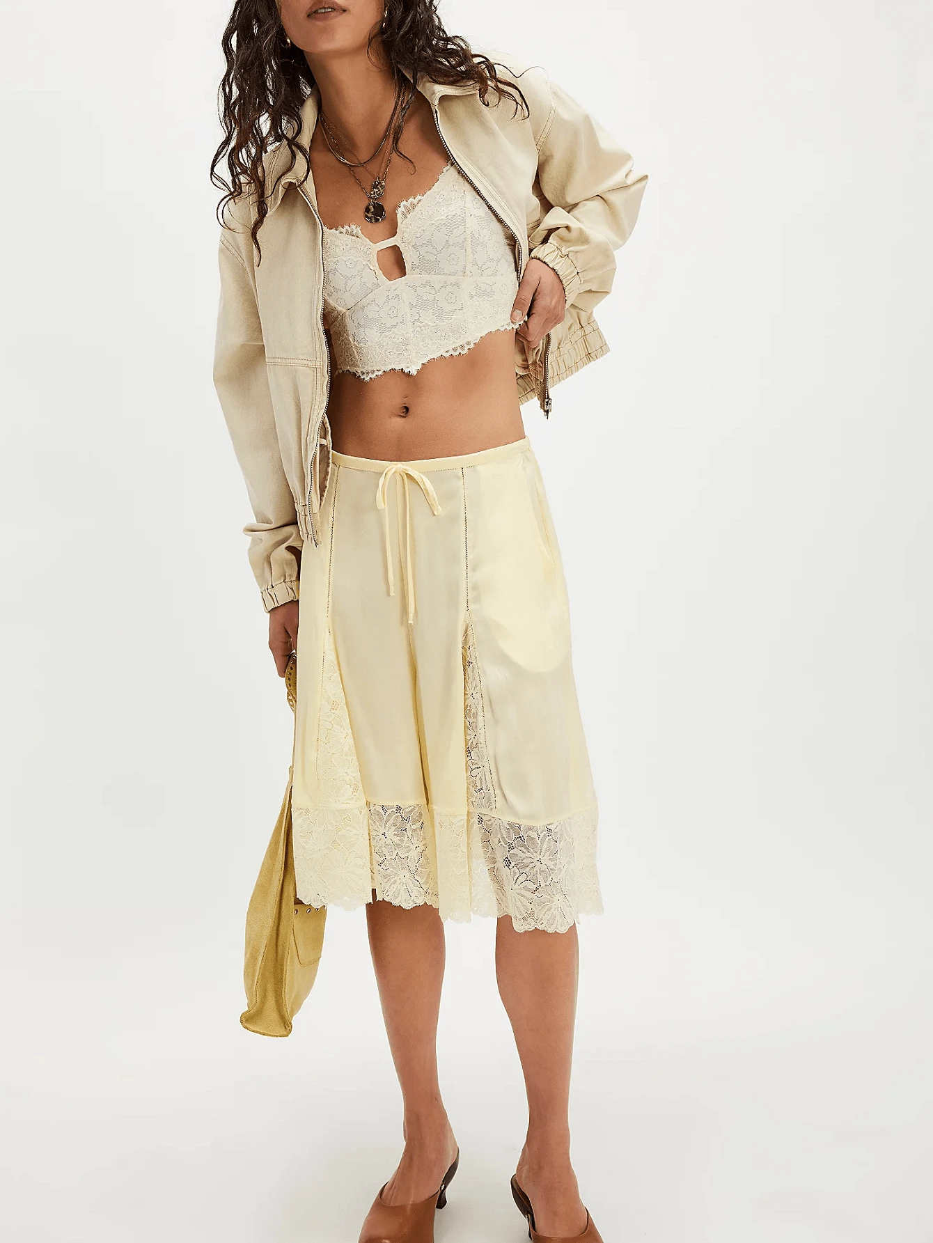 Womens Free Lace Trim Patchwork Wide Leg Half Slip People Fp Knee Length Ruffle Hem Flowy Shorts With Pockets Y2k Going Out Swing Drawstring Bloomer Skort Cute Low Rise Satin Capri Mid Pants - Light Yellow - View 1