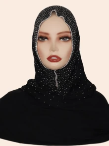 1pc Women's Striped Knit Elastic Fabric Diamond Chain Crafted Viscose Maxi Scarf, Malaysian Hijab Fashion Headscarf