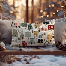 1pc Christmas Town Snowy Landscape Cushion Cover, Single-Sided Printed Soft Peach Velvet Material, 30*50cm/40*60cm Pillow Case Suitable For Indoor Decor, Party Decor, Decorative Pillow Cover Gift