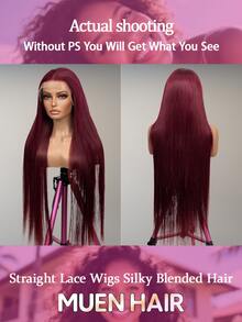 34 Inch Burgundy 99J Straight Lace Front Wig Human Blend Hair 200% Density 13x4 HD Transparent Lace Wigs For Women Glueless Wigs Pre Plucked With Baby Hair Natural Hailine Suitable For All Hair Types For Women Halloween Wigs Everyday Style Wig - S99J/BUG - View 3