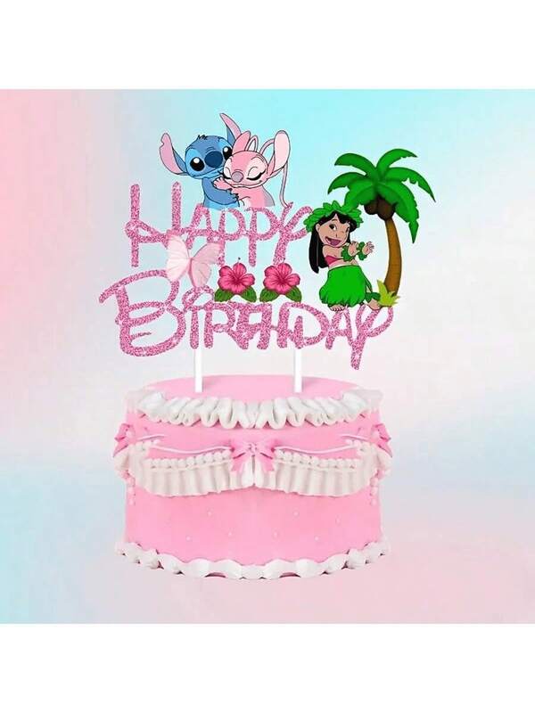 1Pc Stitch [Glitter Cake Toppers] 3-Styles Mixed Color Stitch & Lilo Themed Glitter Cake Toppers | Paper Cake Decorations For Birthday, Christmas, New Year, Wedding, Anniversary, Graduation - Festive Party Supplies Without Feathers