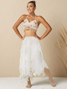 Bộ đồ múa bụng hai mảnh dành cho nữ: Áo croptop hở lưng đính sequin và chân váy chiffon bất đối xứng họa tiết lá sen. - Nhiều màu - Xem 10