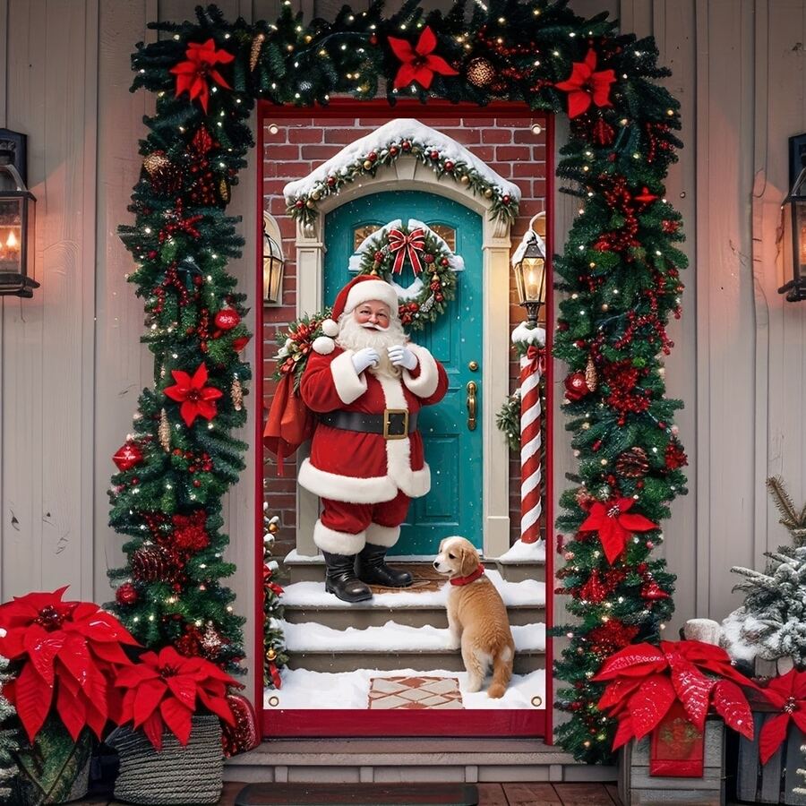 Weihnachts-Türbanner Dekoration, strapazierfähiges Polyester, Cartoon-Weihnachtsmann mit Welpen-Design, passend für allgemeine Türöffnungen, ideal für Winter, Weihnachten und Neujahrsfeiern, Heim- und Outdoor-Festdekoration, 89,92 x 179,83 cm - Einzelstück