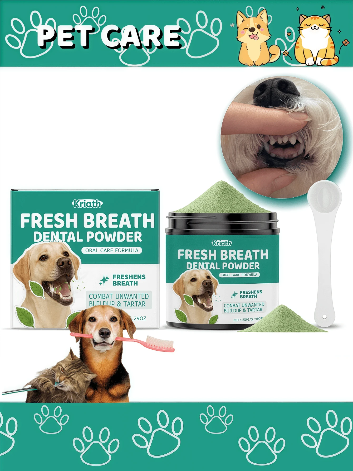 Polvo limpiador de dientes para perros - Protege la higiene bucal, limpia suavemente los dientes del perro, polvo dental para mascotas fresco y limpio - Multicolor - Ver 1